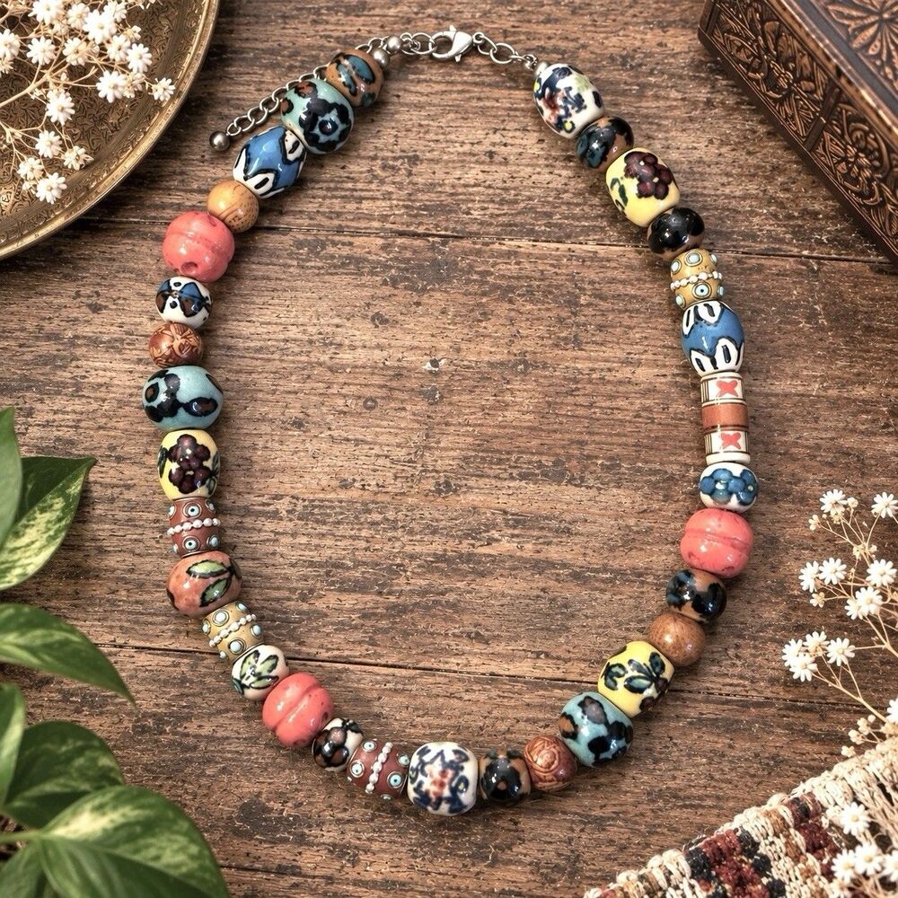 Vintage Artisan Beaded Necklace Colorful Mixed Beads Boho Statement Jewelry